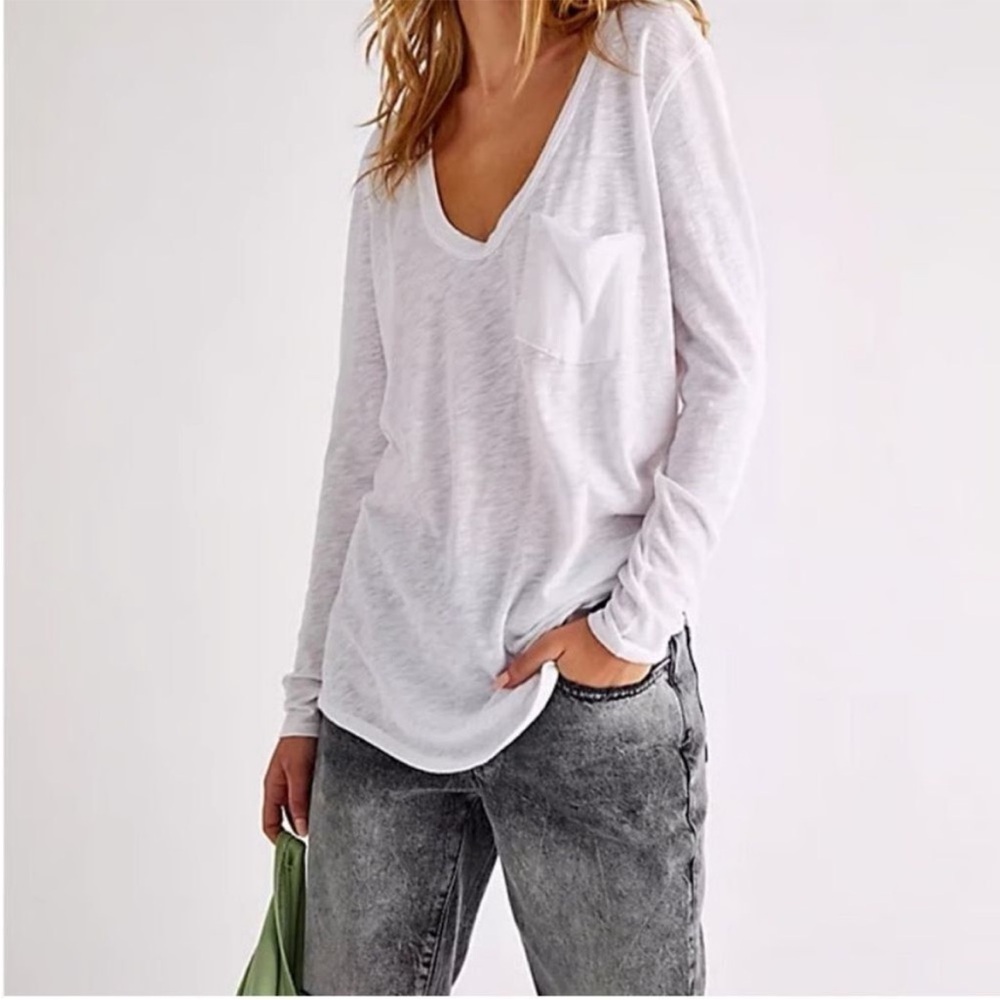 We The Free Betty Long‎ Sleeve Pocket Tee in White Size S